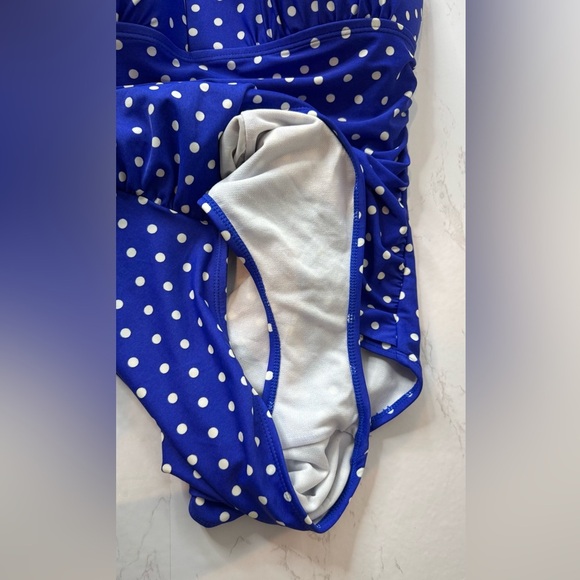 Lauren Ralph Lauren Blue Polka Dot Halter Neck One Piece Swimsuit Size 14 - Picture 6 of 7